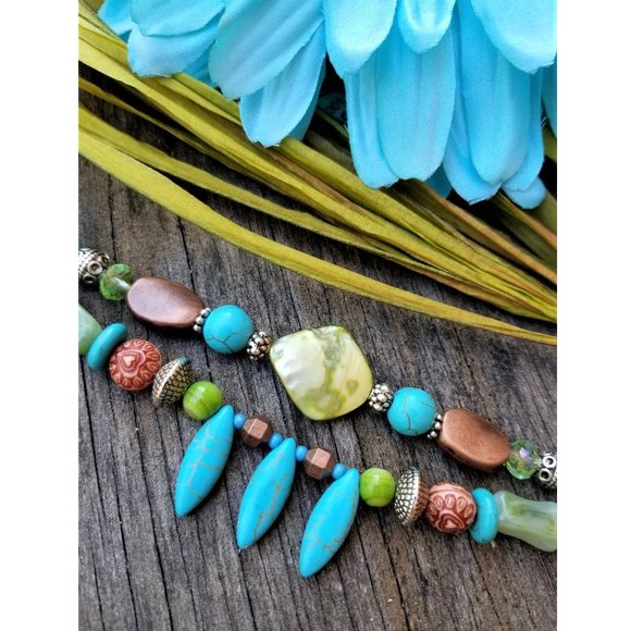 Artisan Bracelet Turquoise Green Copper Silver Shells Stones Glass Beads - Picture 3 of 4